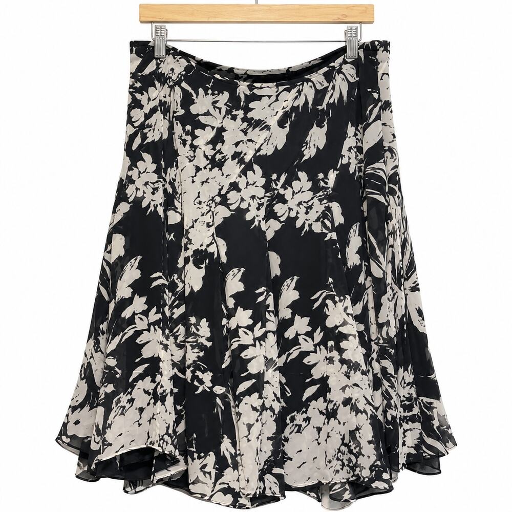 Banana Republic Silk Floral Skirt Womens 12 Black Ivory A-Line Lined Side Zip